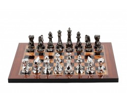 Dal Rossi Italy Chess Set with Diamond-Cut Titanium & Silver 85mm chessmen on a Walnut Shiny Finish Chess Board 16” 