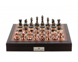 Dal Rossi Italy Brown PU Leather Bevelled Edge chess box with compartments 18" with Diamond-Cut Copper & Bronze Finish Chessmen