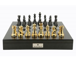 Dal Rossi Italy Gold and Silver Double Weighted Chessmen set on a Carbon Fibre Shiny Finish Chess Box 20” with compartments PLEASE NOTE CHESS PIECES ARE GOLD AND SILVER