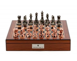 Dal Rossi Chess Set With Diamond-Cut Copper & Bronze Finish 85mm Chessmen on Walnut Finish Chess Box 16” with compartments