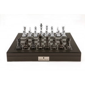 Dal Rossi Italy Silver/Titanium Chess Set on Carbon Fibre Shiny Finish Chess Box 20” with compartments-0