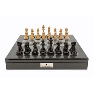 Dal Rossi Italy Dark Red and Box wood Finish Chess Set on Carbon Fibre Shiny Finish Chess Box 20” with compartments Product code: L2066DR-0