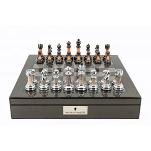 Dal Rossi Italy Carbon Fibre Shiny Finish Chess Box 16” with Metal Marble Chess Pieces-0