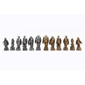 Dal Rossi Italy Black PU Leather Bevilled Edge chess box with compartments 18" with Dragon Pewter 80mm Chessmen. Product code: L40223DR-1603