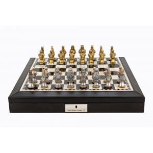 Dal Rossi Italy Black PU Leather Bevilled Edge chess box with compartments 18" with Medieval Warriors Resin 75mm Chessmen. Product code: L4038DR-0