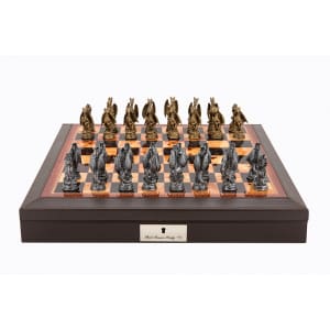 Dal Rossi Italy Brown PU Leather Bevilled Edge chess box with compartments 18" with Dragon Pewter 80mm Chessmen Product code: L41223DR-0