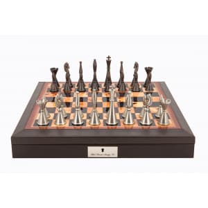 Dal Rossi Italy Brown PU Leather Bevilled Edge chess box with compartments 18" with Staunton Metal Chessmen 100mm king Product code: L4134DR-0