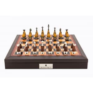 Dal Rossi Italy Brown PU Leather Bevilled Edge chess box with compartments 18" with Staunton Metal/Wood Chessmen 85mm king. Product code: L4136DR-0