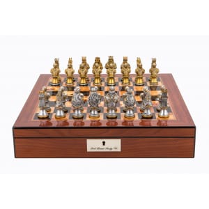 Dal Rossi Italy Walnut Finish chess box with lock & compartments 16” with Medieval Warriors Resin 75mm Chessmen - L4238DR-0