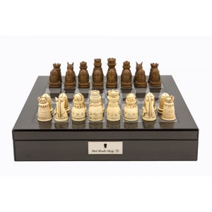 Dal Rossi Italy Carbon Fibre Shiny Finish chess box with compartments 16” with Medieval Resin Chessmen - L4406DR-0