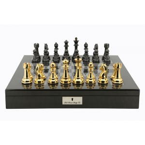 Dal Rossi Italy Gold and Silver Double Weighted Chessmen set on a Carbon Fibre Shiny Finish Chess Box 20” with compartments PLEASE NOTE CHESS PIECES ARE GOLD AND SILVER-0