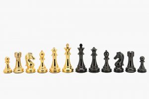 Dal Rossi Italy Gold and Silver Double Weighted Chessmen set on a Carbon Fibre Shiny Finish Chess Box 20” with compartments PLEASE NOTE CHESS PIECES ARE GOLD AND SILVER-1853