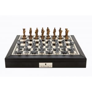 Dal Rossi Italy Black PU Leather Bevilled Edge chess box with compartments 18" with Medieval Pewter 80mm Chessmen. Product code: L40222DR-1873