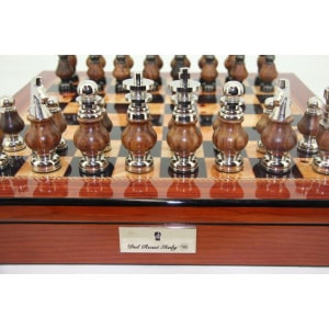 Dal Rossi LARGE Metal Wood Chess Set With compartments 20" Walnut Finish-1980