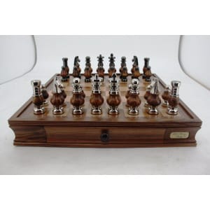 Dal Rossi LARGE Metal Wood Chess Set With Two Drawers 20" Walnut Finish-0