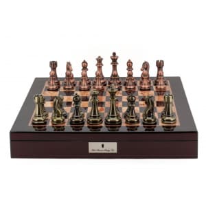 Dal Rossi Italy Chess Box Mahogany Finish 20" with compartments Bronze & Copper 101mm Double Weighted Chess Pieces-2082