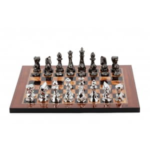 Dal Rossi Italy Chess Set with Diamond-Cut Titanium & Silver 85mm chessmen on a Walnut Shiny Finish Chess Board 16” -0