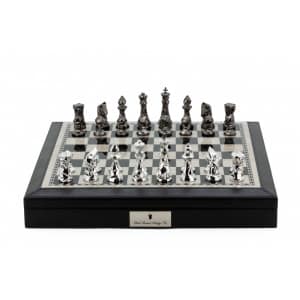 Dal Rossi Italy Black PU Leather Bevelled Edge chess box with compartments 18" with Diamond-Cut Titanium & Silver Finish Chessmen-0