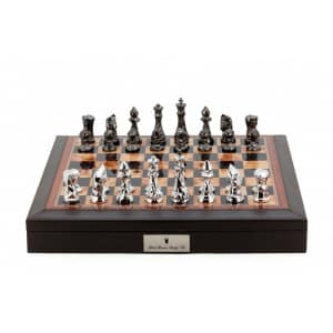 Dal Rossi Italy Brown PU Leather Bevelled Edge chess box with compartments 18" with Diamond-Cut Titanium & Silver Finish Chessmen-0