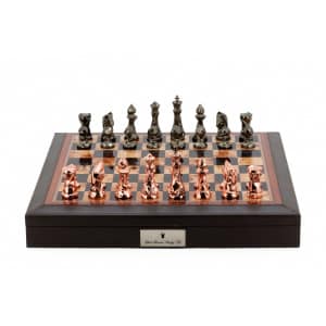 Dal Rossi Italy Brown PU Leather Bevelled Edge chess box with compartments 18" with Diamond-Cut Copper & Bronze Finish Chessmen-0