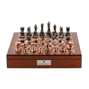 Dal Rossi Chess Set With Diamond-Cut Copper & Bronze Finish 85mm Chessmen on Walnut Finish Chess Box 16” with compartments-0
